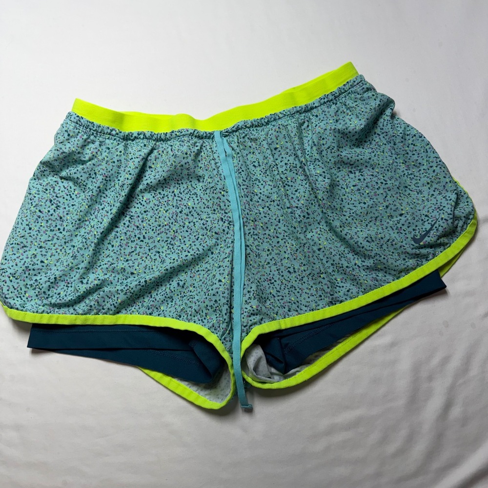 Nike Dri-Fit Women Large 2-in-1 Running Shorts Teal Neon Yellow Speckled Print